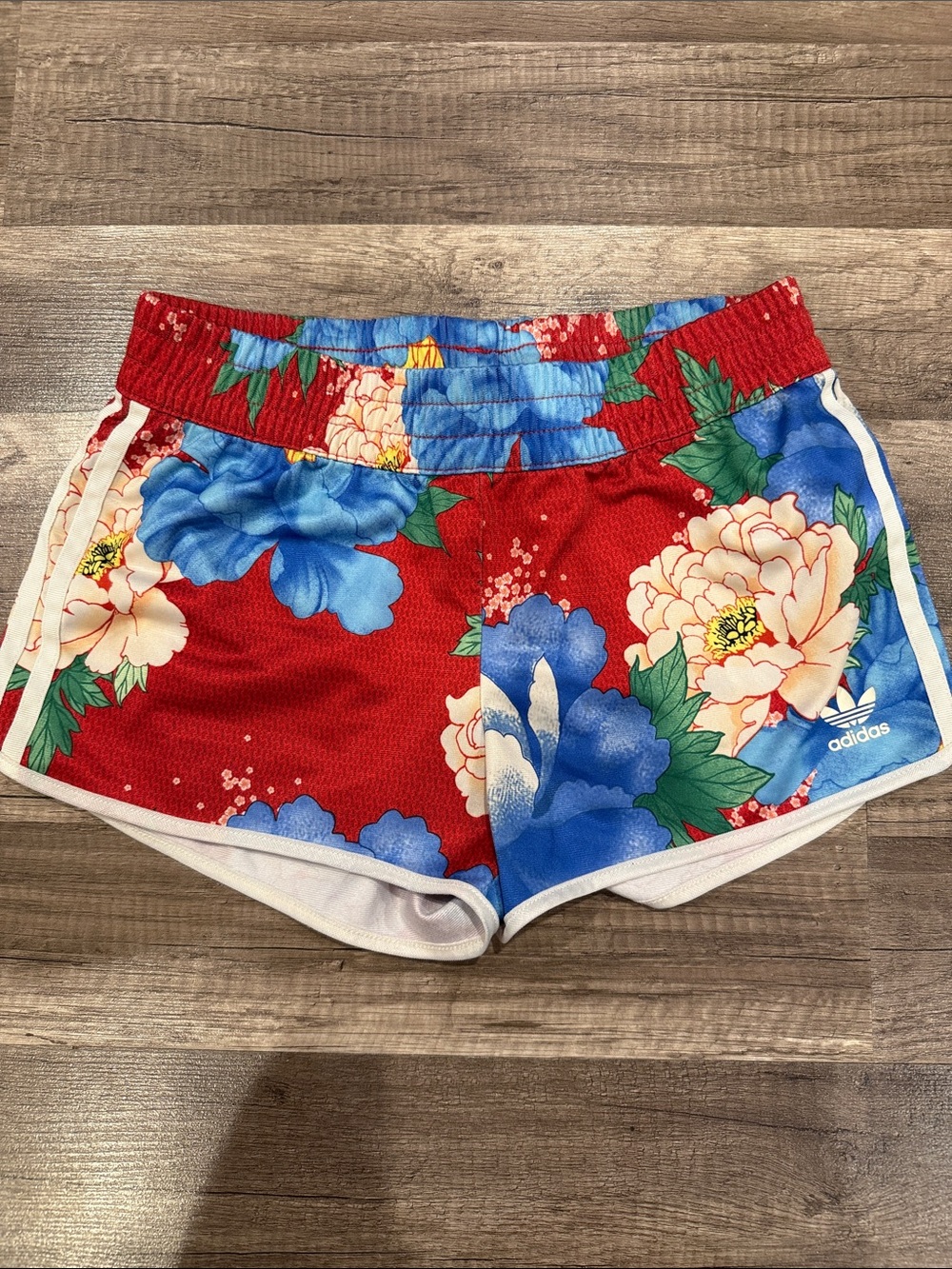 adidas Women's Red Floral Athletic Shorts with Blue & Cream Blooms